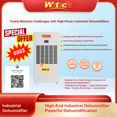 پیشنهاد ویژه محدود برای رطوبت‌گیر صنعتی 240 لیتری در روز برای فضاهای بزرگ، صدای کم، تخلیه مداوم برای کارخانه/اتاق‌های آزمایشگاهی